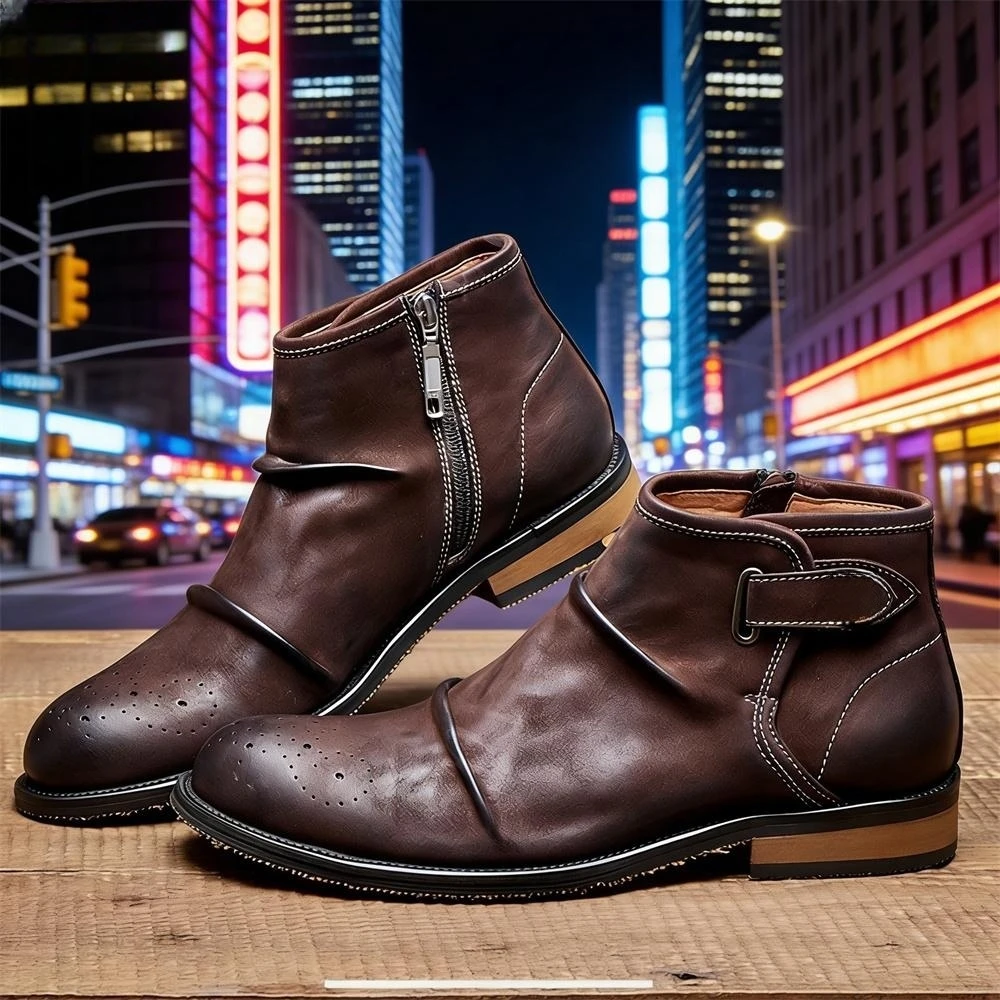 Formal Men Daily Wear Footwear - รองเท้าบูทหุ้มข้อแบบ Brogue สำหรับผู้ชาย พร้อมสายรัดหัวเข็มขัดและซิป หนังขัดเงา รองเท้าทางการ