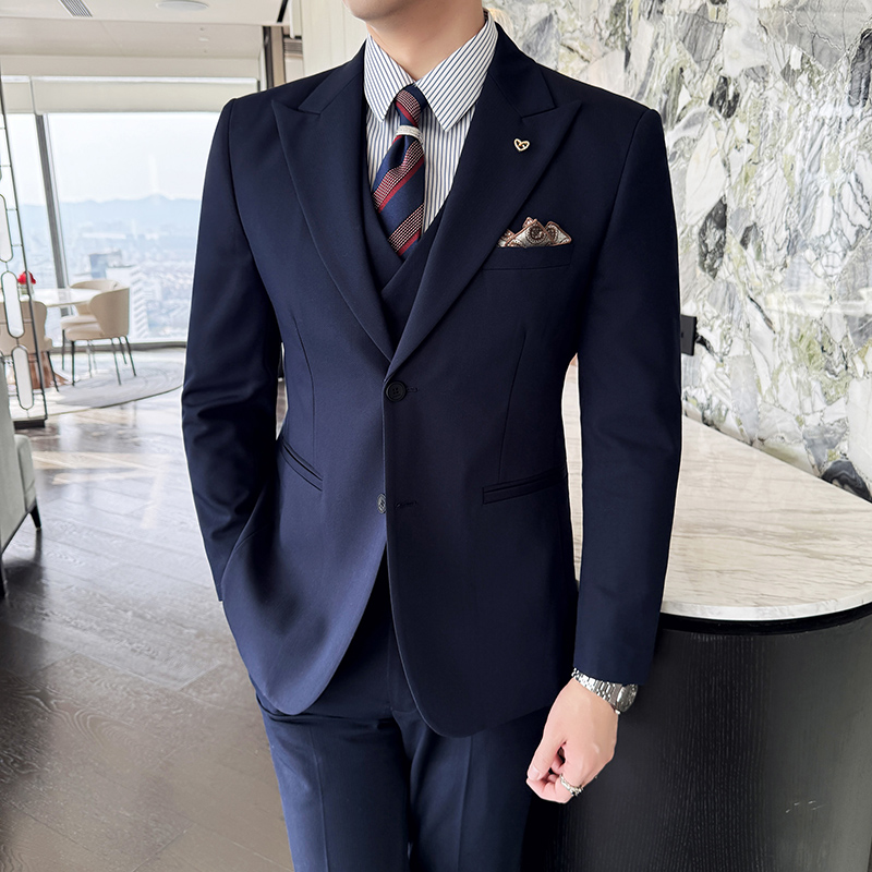 Men Formal Wear Top - ผู้ชายชุดสูทสามชิ้นธุรกิจ Slim งานแต่งงานเจ้าบ่าวอย่างเป็นทางการสวมใส่สีทึบชุดสูทพักผ่อน,ด้านบน + เสื้อกั๊ก +