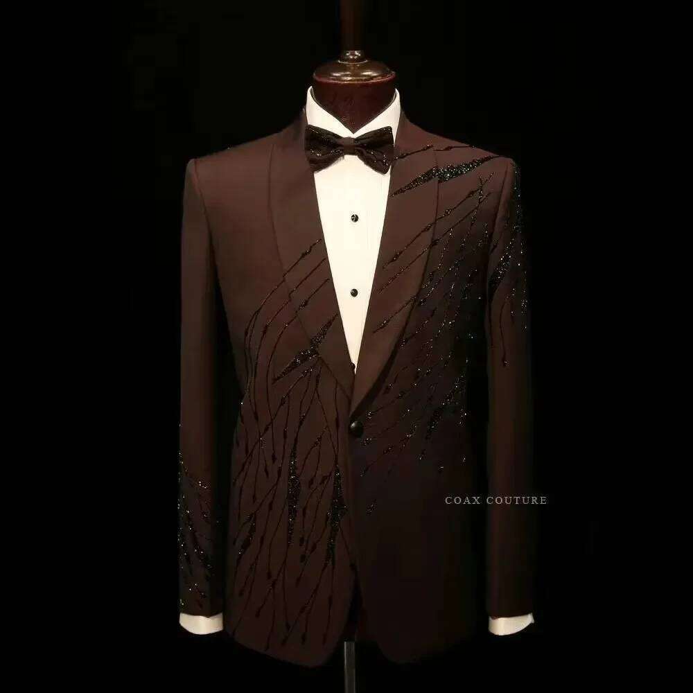 High End Men'S Formal Wear - ชุดสูทผู้ชายสีน้ำตาลระดับไฮเอนด์ ประดับคริสตัล สองชิ้น ชุดเจ้าบ่าว เสื้อแจ็คเก็ต +