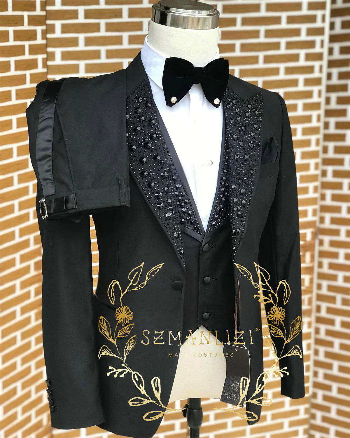 Men Formal Wear For Wedding - ผู้ชายสีดําชุดหรูหราหินคริสตัล Tuxedos Bespoke เจ้าบ่าวสวมใส่ 3 ชิ้นธุรกิจชายพรหม