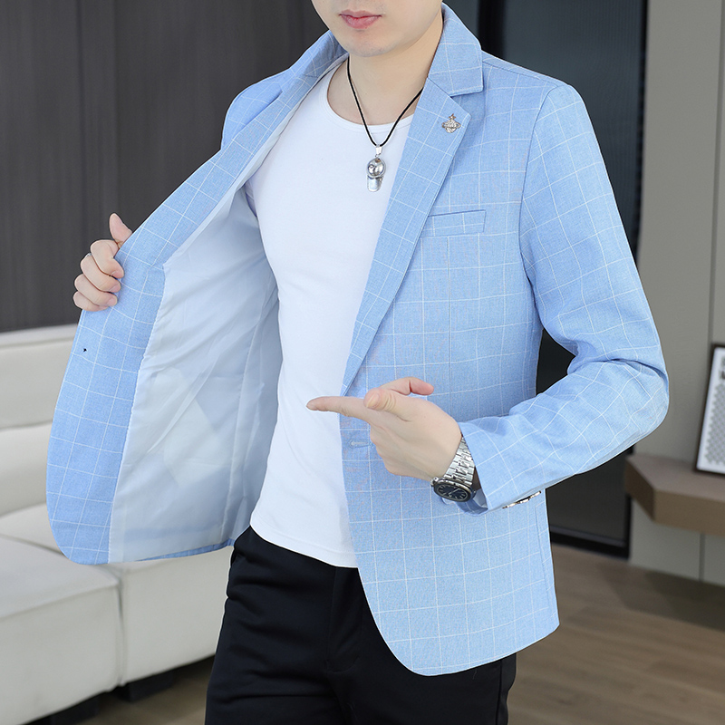 Men Formal Wear Fashion - เสื้อเบลเซอร์ผู้ชายสำหรับกิจกรรมกลางแจ้ง แฟชั่นสำหรับปั่นจักรยาน สไตล์ลำลองทางธุรกิจ ลายตารางหมากรุก สไตล์เกาหลี ดีไซน์เฉพาะตัว
