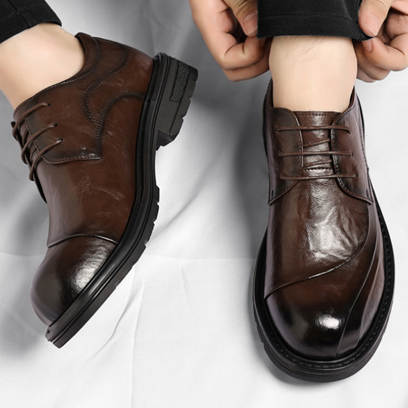Men Formal Wear Fashion - รองเท้าหนังแท้สีน้ำตาลขัดเงา แบบผูกเชือก พื้นหนา สำหรับงานทางการ ธุรกิจ สำนักงาน