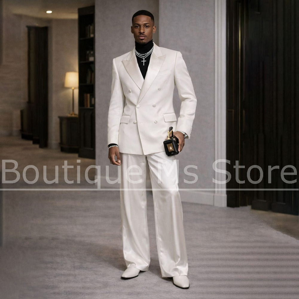 Men Formal Wear For Wedding - ชุดสูทผู้ชายสีขาวผ้าซาติน 2 ชิ้น แบบกระดุมสองแถว ปกแหลม ทรงทันสมัยเข้ารูป