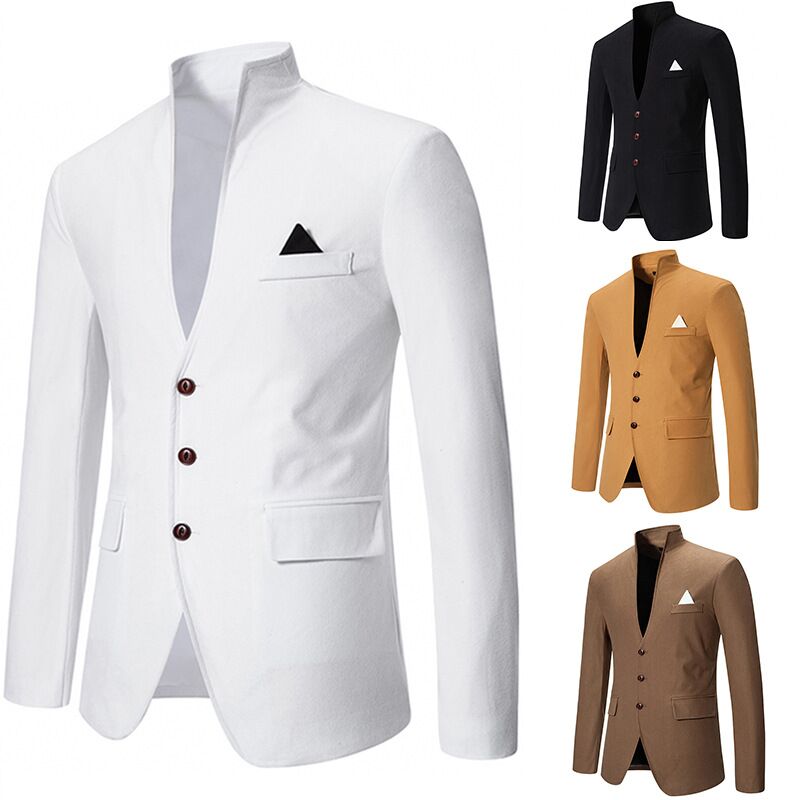 Men Formal Wear Top - เสื้อทักซิโด้ลำลองสำหรับผู้ชาย งานแต่งงาน ปกเสื้อแบบไม่มีปก กระดุมแถวเดียว ชุดสูทเบลเซอร์ สำหรับธุรกิจ
