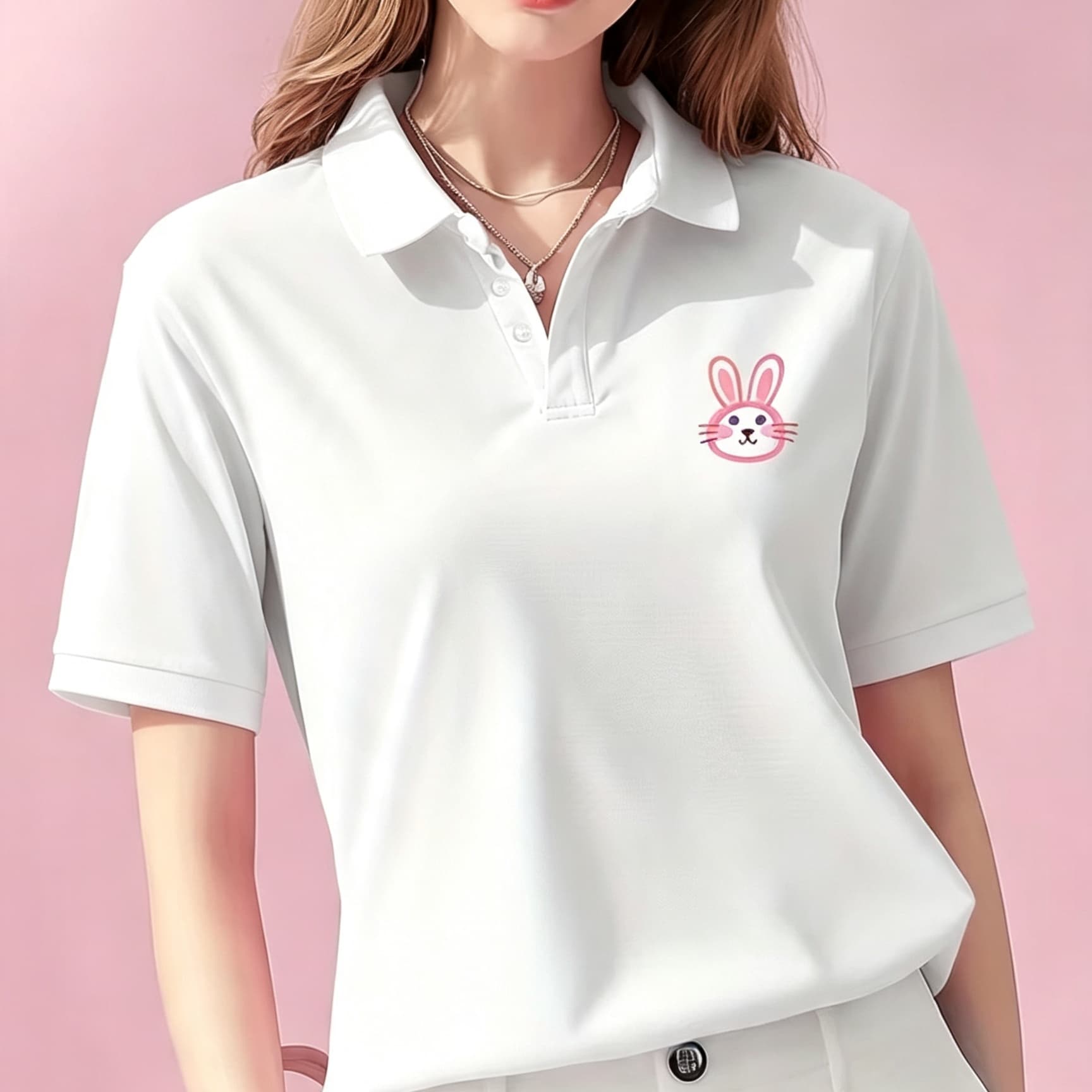 Men Formal Wear Top - เสื้อโปโลคอปกสีดำแบบยูนิเซ็กส์ ลายกราฟิกกระต่ายสีชมพูน่ารัก แขนสั้น เนื้อผ้านุ่ม ระบายอากาศได้ดี เหมาะสำหรับใส่ลำลองในชีวิตประจำวันสำหรับทั้งชายและหญิง