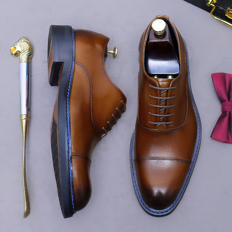Formal Men Daily Wear Footwear - รองเท้าอ็อกซ์ฟอร์ดหนังแท้แบบผูกเชือก สีน้ำเงิน ตกแต่งด้วยการเย็บแบบคอนทราสต์ เหมาะสำหรับงานประชุมทางธุรกิจ หรือใส่ในชีวิตประจำวัน รุ่นใหม่