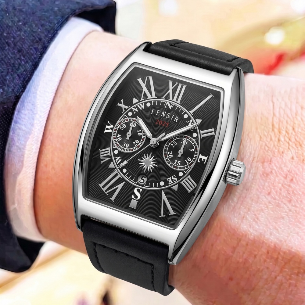 High End Men'S Formal Wear - นาฬิกาข้อมือผู้ชายระดับไฮเอนด์พร้อมกลไกควอทซ์รูปทรงกระบอก หน้าปัดตัวเลขโรมันสไตล์วินเทจ สายหนังกันน้ำและทนต่อการสึกหรอ ใช้งานได้สองแบบสำหรับธุรกิจ งานทางการ และสวมใส่ลำลอง