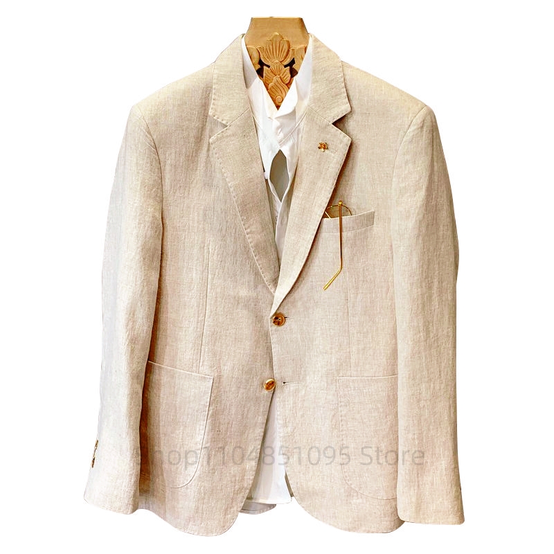 สูทผู้ชายสีเบจ ผ้าลินิน เสื้อเ - Men Formal Wear Top บทวิจารณ์และราคา