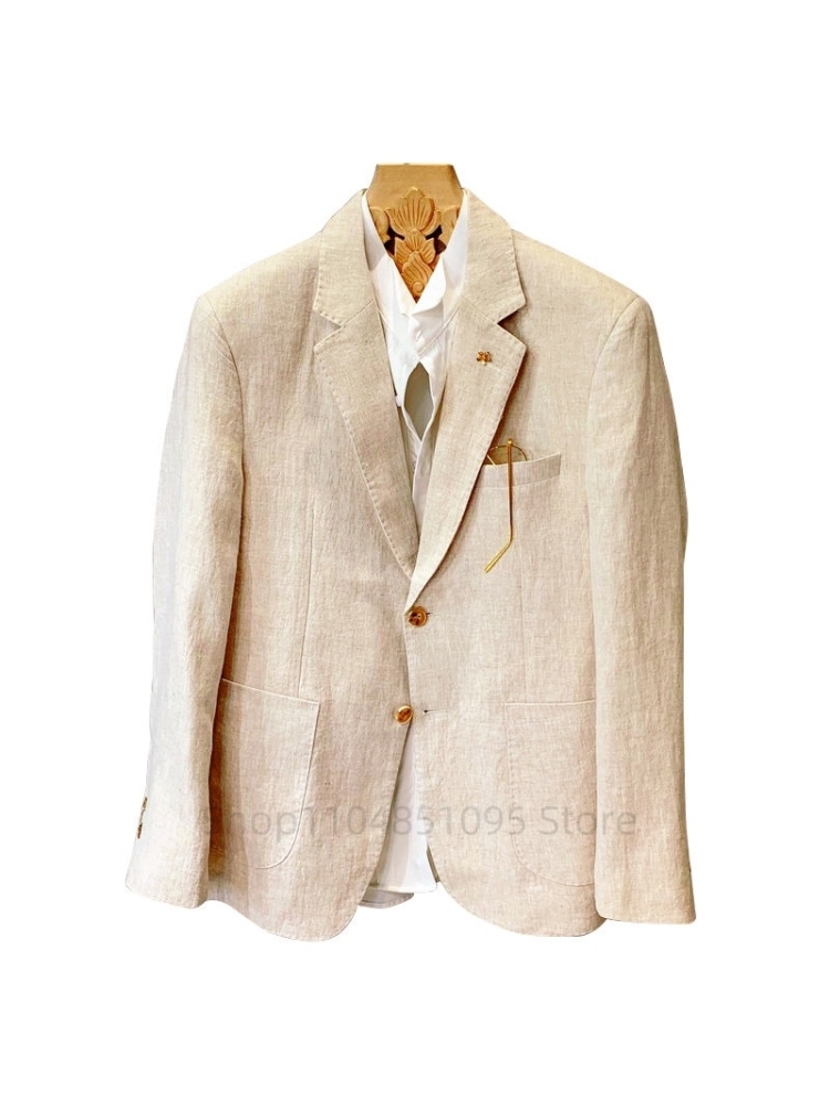 สูทผู้ชายสีเบจ ผ้าลินิน เสื้อเ - Men Formal Wear Top บทวิจารณ์และราคา